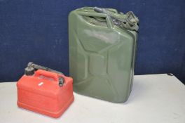 A MODERN 20 LITRE JERRY CAN with fill spout and a plastic fuel can (2)