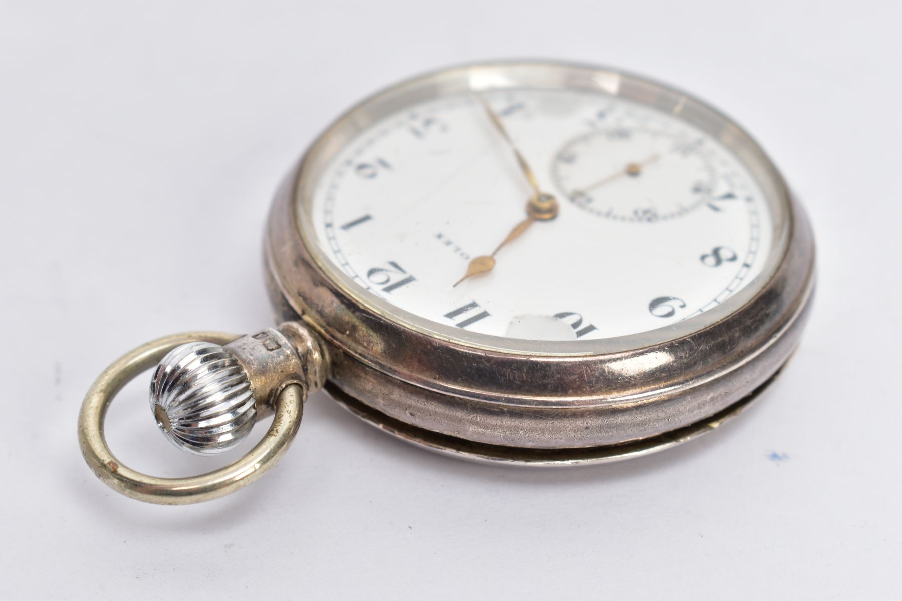 A STERLING SILVER OPEN FACED POCKETWATCH, white dial signed Rolex with Arabic numerals, subsidiary - Bild 5 aus 5