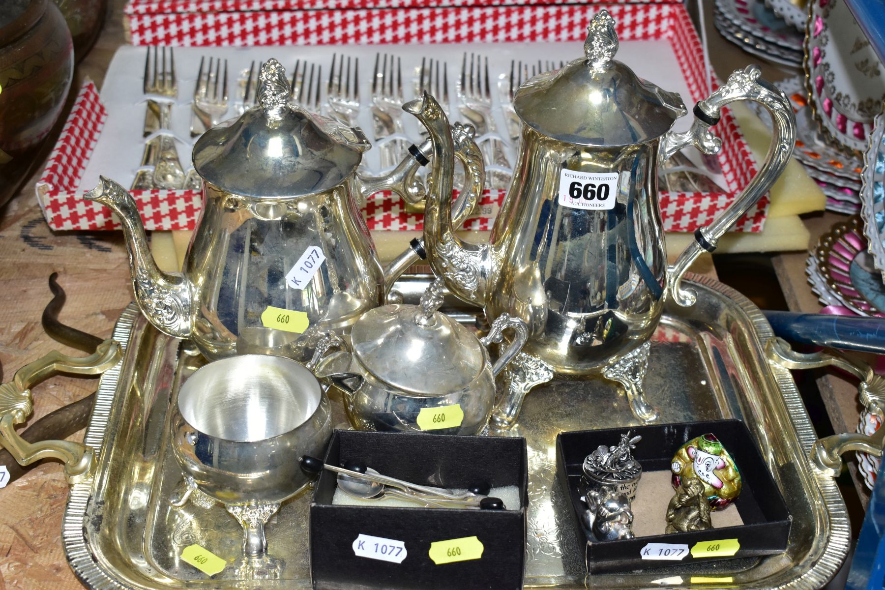 SILVER, SILVER PLATE AND METAL WARES, ETC, comprising a four piece plated tea and coffee set, handle - Image 2 of 10