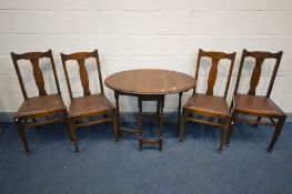 AN EARLY 20TH CENTURY OAK BARLEY TWIST GATE LEG TABLE, and four arts and crafts splat back chairs (
