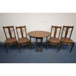 AN EARLY 20TH CENTURY OAK BARLEY TWIST GATE LEG TABLE, and four arts and crafts splat back chairs (