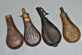 FOUR VARIOUS POWDER/SHOT FLASKS, to include a leather bodied shot flask, three copper embossed