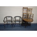 A PAIR OF EBONISED FRENCH STYLE TUB CHAIRS (no upholstery) along with an oak gate leg table and