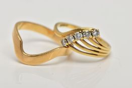 AN 18CT GOLD DIAMOND DRESS RING AND SHAPED WEDDING BAND, a diamond five stone ring designed as an