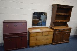 A MID 20TH CENTURY OAK DRESSING CHEST with a single mirror, along with mahogany bureau and an oak