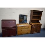 A MID 20TH CENTURY OAK DRESSING CHEST with a single mirror, along with mahogany bureau and an oak