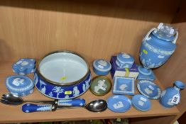 A COLLECTION OF 19TH AND 20TH CENTURY JASPERWARES, to include a 19th Century pale blue twin