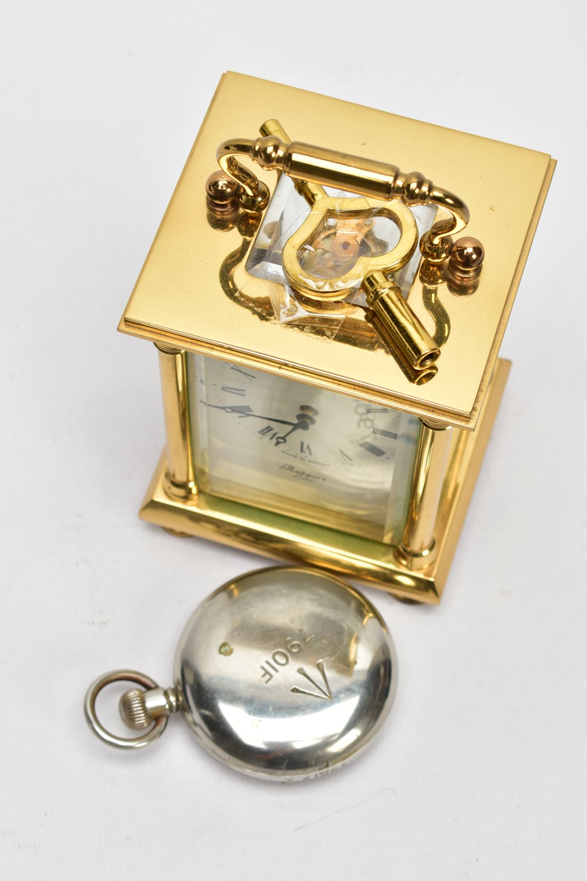 A BRASS CARRIAGE CLOCK AND A MILITARY POCKET WATCH, a white enamel face with black Roman numerals, - Image 7 of 7