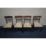 A SET OF FOUR GEORGIAN ROSEWOOD BAR BACK CHAIRS, pierced mid rail, acanthus leaf to turned and