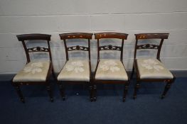 A SET OF FOUR GEORGIAN ROSEWOOD BAR BACK CHAIRS, pierced mid rail, acanthus leaf to turned and