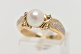 A MODERN CULTURED PEARL AND DIAMOND DRESS RING, centring on a cultured pearl to cross over diamond