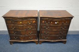 A PAIR OF REPRODUCTION MAHOGANY SERPENTINE CHEST OF FOUR LONG GRADUATED DRAWERS, with a brushing