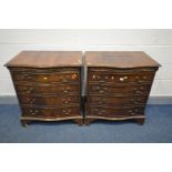 A PAIR OF REPRODUCTION MAHOGANY SERPENTINE CHEST OF FOUR LONG GRADUATED DRAWERS, with a brushing