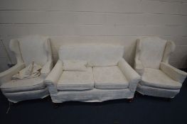 A 19TH CENTURY MAHOGANY SOFA, on cabriole front legs, length 148cm, along with a pair of 20th
