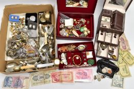 A BOX OF MISCELLANEOUS ITEMS, to include foreign currency in notes, British coins, costume jewellery