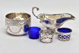 FOUR ITEMS OF SILVERWARE, to include a late Victorian silver sugar bowl with engraved swag, shell