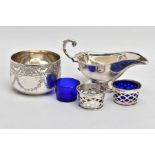 FOUR ITEMS OF SILVERWARE, to include a late Victorian silver sugar bowl with engraved swag, shell