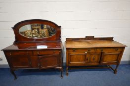 AN EARLY 20TH CENTURY OAK SIDEBOARD with a raised back and two drawers, width 153cm x depth 47cm x