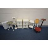 A QUANTITY OF OCCASSIONAL FURNTITURE to include a pair of slim cream chest of five drawers, white