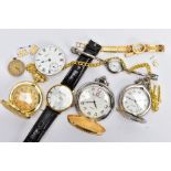 A SELECTION OF WATCHES AND WATCH PARTS, to include three costume jewellery pocket watches, a gents