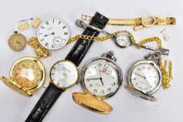 A SELECTION OF WATCHES AND WATCH PARTS, to include three costume jewellery pocket watches, a gents