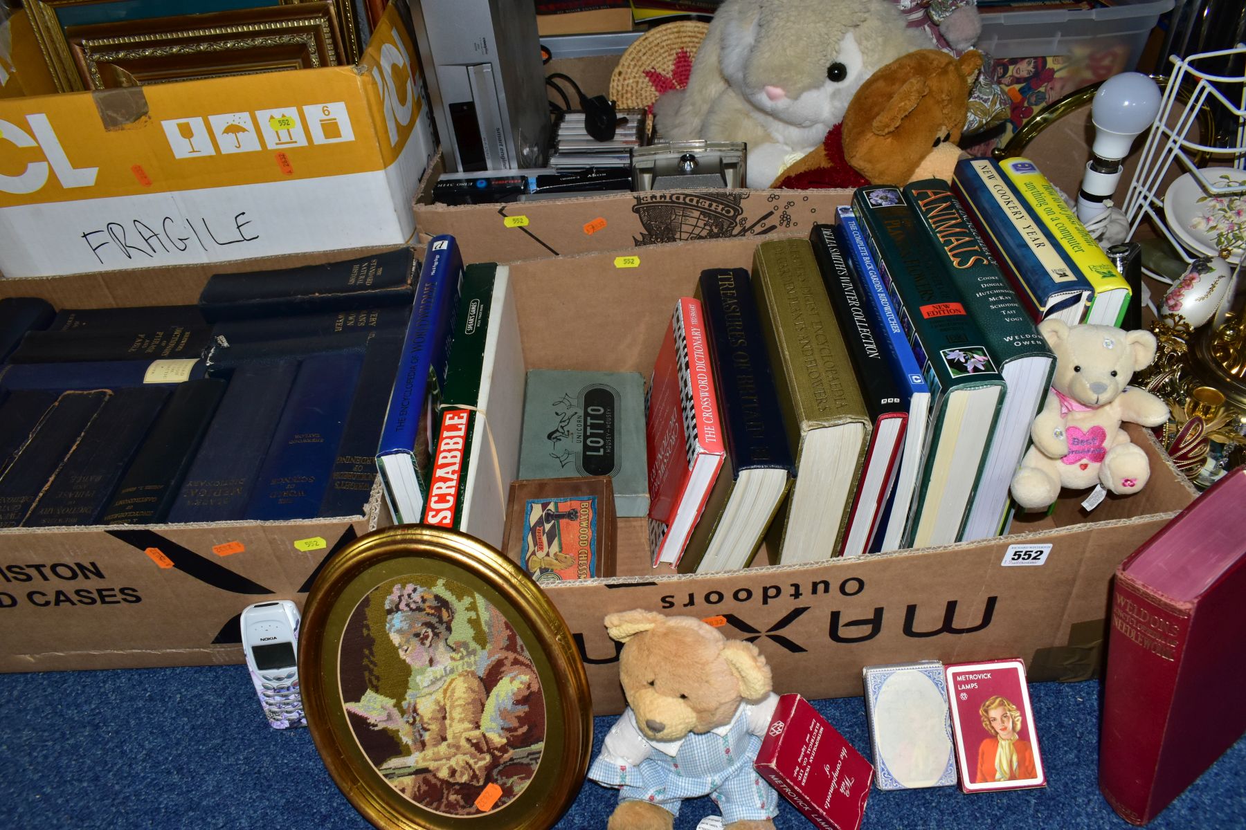 FIVE BOXES OF MISCELLANEOUS ITEMS, BOOKS, ANNIVERSARY CLOCK, PICTURES AND PRINTS, GAMES, VHS