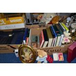 FIVE BOXES OF MISCELLANEOUS ITEMS, BOOKS, ANNIVERSARY CLOCK, PICTURES AND PRINTS, GAMES, VHS