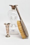 THREE LATE 19TH TO EARLY 20TH CENTURY ITEMS, to include an hourglass decanter with silver collar,