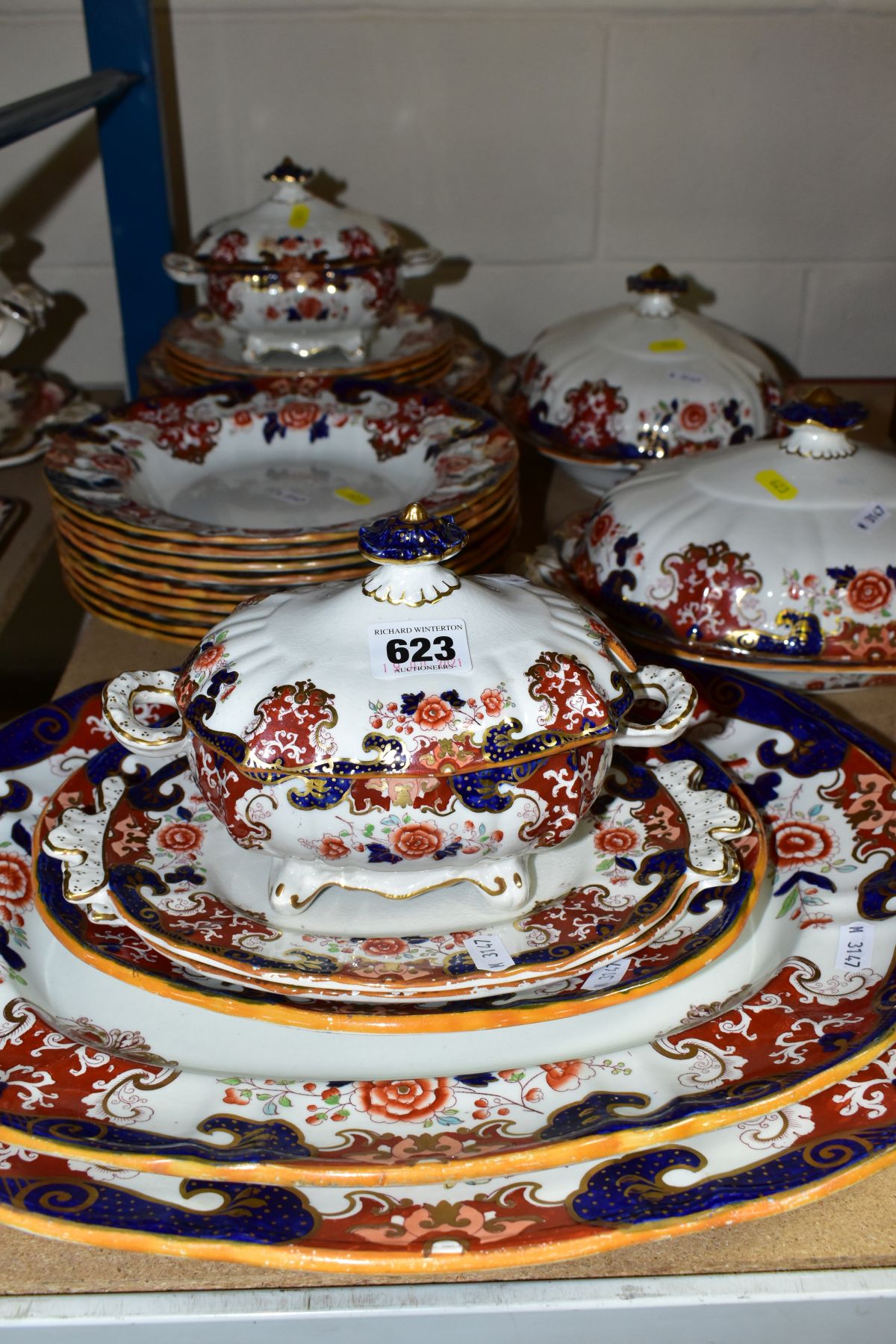 A MASONS AND ASHWORTH BROTHERS IRONSTONE PART DINNER SERVICE, Imari palette, comprising three oval