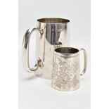 A LATE VICTORIAN SILVER CHRISTENING TANKARD AND A SILVER TANKARD, the christening tankard of tapered