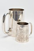 A LATE VICTORIAN SILVER CHRISTENING TANKARD AND A SILVER TANKARD, the christening tankard of tapered