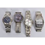 FOUR WRISTWATCHES, which include a Pulsar Kinetic wristwatch, blue dial with day-date window at