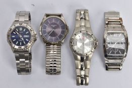 FOUR WRISTWATCHES, which include a Pulsar Kinetic wristwatch, blue dial with day-date window at