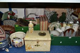 A QUANTITY OF CHRISTMAS DECORATIONS, SUITCASES, HAT BOXES, PLANTERS, PICTURES, etc, including a