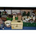A QUANTITY OF CHRISTMAS DECORATIONS, SUITCASES, HAT BOXES, PLANTERS, PICTURES, etc, including a