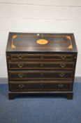 A GEORGIAN MAHOGANY AND INLAID BUREAU, fitted interior above four drawers, on bracket feet, width
