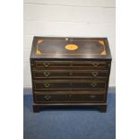 A GEORGIAN MAHOGANY AND INLAID BUREAU, fitted interior above four drawers, on bracket feet, width