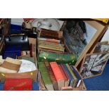 FOUR BOXES AND LOOSE SUNDRY ITEMS, PICTURES, BOOKS, ETC, to include ceramic jug and bowl, books to