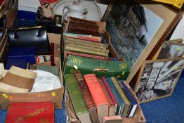 FOUR BOXES AND LOOSE SUNDRY ITEMS, PICTURES, BOOKS, ETC, to include ceramic jug and bowl, books to