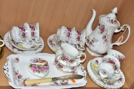 ROYAL ALBERT 'LAVENDER ROSE' COFFEE WARES, comprising coffee pot, cream jug (slight nibble to rim