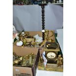 TWO BOXES OF METAL WARES, MANTEL CLOCK AND SUNDRIES, ETC, to include a brass model horse and cart,