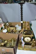 TWO BOXES OF METAL WARES, MANTEL CLOCK AND SUNDRIES, ETC, to include a brass model horse and cart,