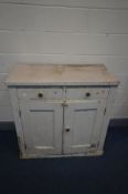 A DISTRESSED 19TH CENTURY PAINTED PINE TWO DOOR CUPBOARD with two drawers, width 99cm x depth 52cm x