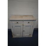 A DISTRESSED 19TH CENTURY PAINTED PINE TWO DOOR CUPBOARD with two drawers, width 99cm x depth 52cm x