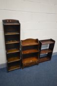 A REPRODUX MAHOGANY WATERFALL BOOKCASE, a tall slim oak waterfall bookcase, width 37cm x depth