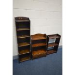 A REPRODUX MAHOGANY WATERFALL BOOKCASE, a tall slim oak waterfall bookcase, width 37cm x depth