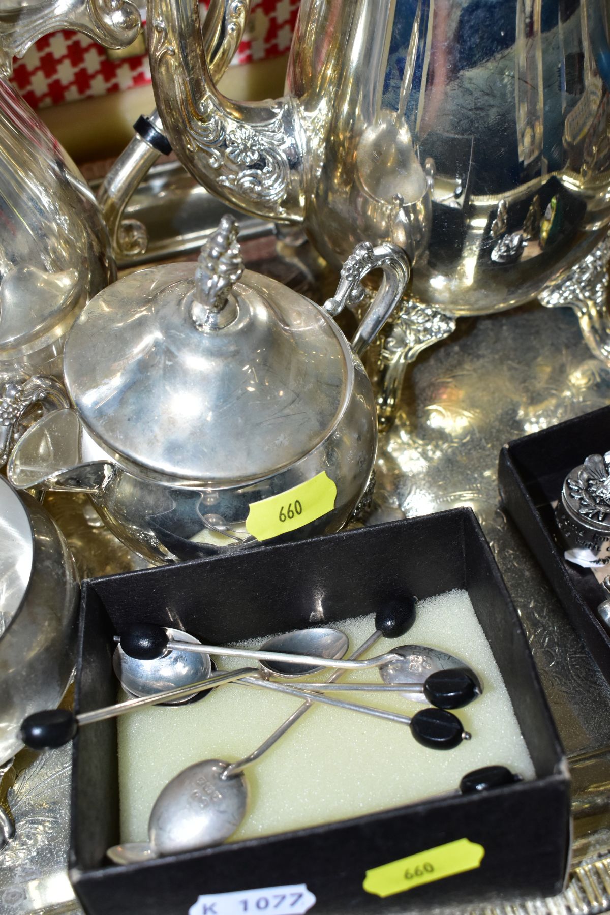 SILVER, SILVER PLATE AND METAL WARES, ETC, comprising a four piece plated tea and coffee set, handle - Image 6 of 10