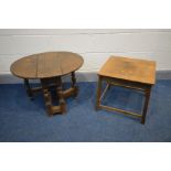 A POSSIBBLY GEORGIAN OAK OVAL JOINT GATE LEG OCCASIONAL TABLE, turned and block supports on a box