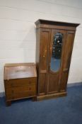 AN ART DECO OAK BUREAU, width 74cm x depth 40cm x height 96cm along with an oak single door