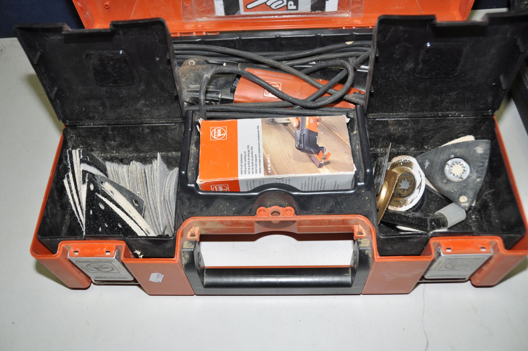 A FEIN MULTIMASTER FMM250Q 110v multi tool with attachments in case, 110v extension cord and a cased - Image 2 of 5